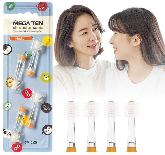 메가텐 키즈 캐릭터소닉 360도 음파진동 칫솔 리뉴얼 리필 미디움 4P, 4개, 리필 헤드 1P