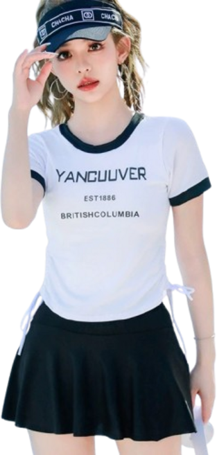 비브온 여성 반팔 치마 수영복 세트, 화이트+블랙