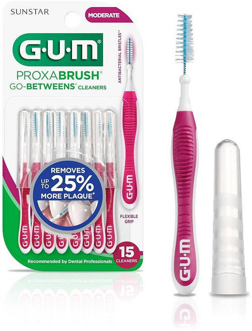 GUM Proxabrush Go-Betweens - 보통 치간 칫솔 플라크 제거 건강을 위한 부드러운 빗살 덴탈 피크 교정기 및 치과 장치에 안전 10개(4팩) 총 40개15, 15 Count (Pack of 1)