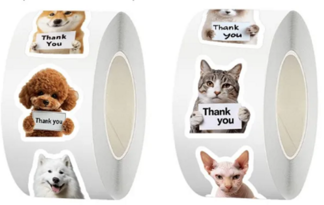 일상채움 귀여운 강아지 고양이 땡큐 롤 스티커 2.5cm 500p 2종 세트, 1세트, 혼합색상