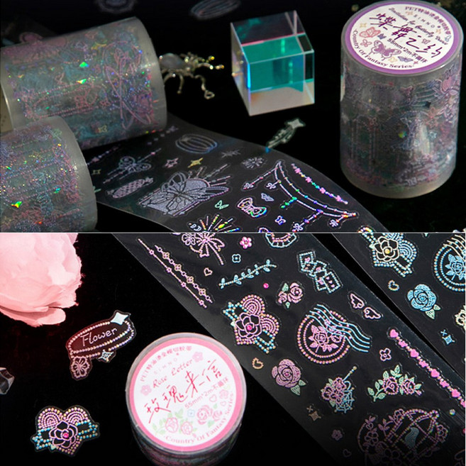 올리브파티 랜드오브일루션 시리즈 입체비즈크리스탈 빈티지 감성 방수 롤스티커 디자인 마테 다꾸 스티커, 2개, 버터플라이+플라워