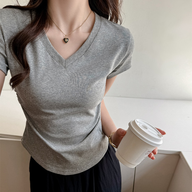 MIREA 여성 브이넥 반팔 티셔츠 슬림핏 데일리 봄여름 코디 CTX28