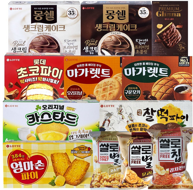 롯데과자 12종세트 몽쉘(2종류) 초코파이 카스타드 찰떡파이 마가렛오리지널 마가렛구운모카 엄마손파이 랑드샤쇼콜라 쌀로칩김치전맛 쌀로별오리지널 쌀로별달고나, 1개