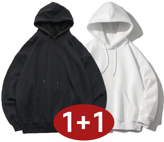 1+1 남성 트렌디 단색 후드티 긴팔 빅사이즈 소프트 데일리 가을 겨울 편한 간절기 트렌드 스판 티 심플 커플 루즈핏 데일리 덧대 맨투맨 상의 남녀공용