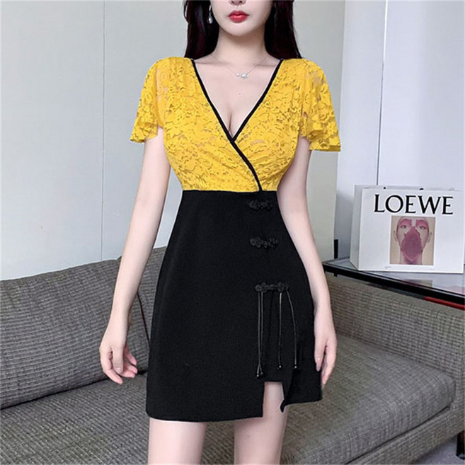 TKX 홀복 여성 섹시한 레이스 딥 V넥 슬림핏 반팔 미니원피스 A라인 딱붙는 K51