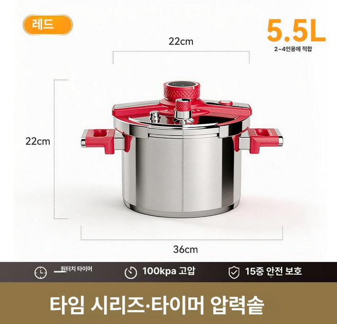 소형 스테인레스 압력밥솥 6인용 인덕션 원터치, 레드 5.5L, 기본 모델명/품번