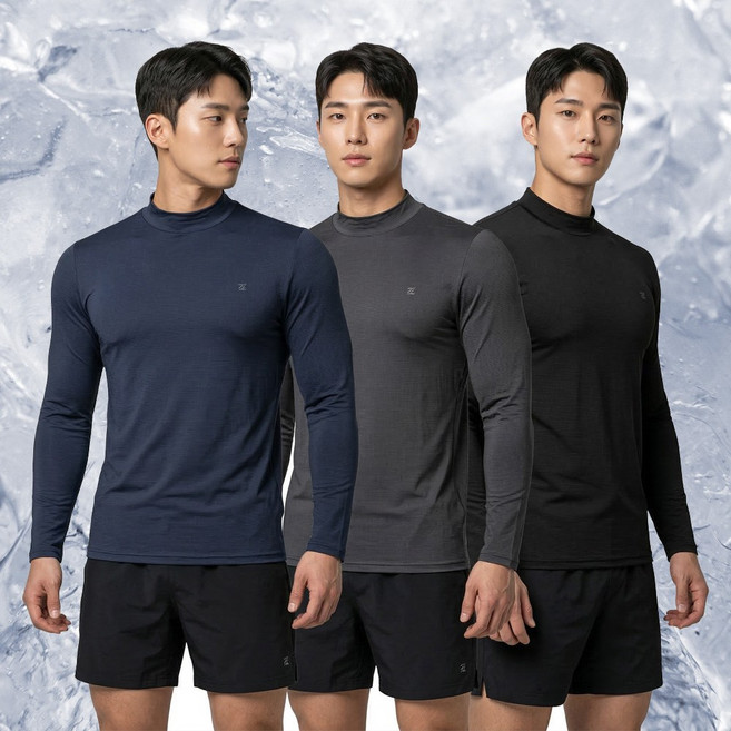[이지바이] (1+1+1) 총 세장!! 남성 냉감 반목 티셔츠_쿨텍스 원단 아이스 쿨 스포츠 골프 이너 하프넥 반폴라 티셔츠