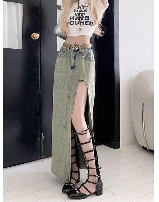 復古辣妹高開叉牛仔裙女秋小個子美式A字半身裙高腰顯瘦中長裙潮