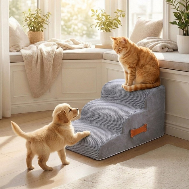 3단 4단 강아지계단 높은 침대용 커브 애견 고양이 계단, 1개, 그레이