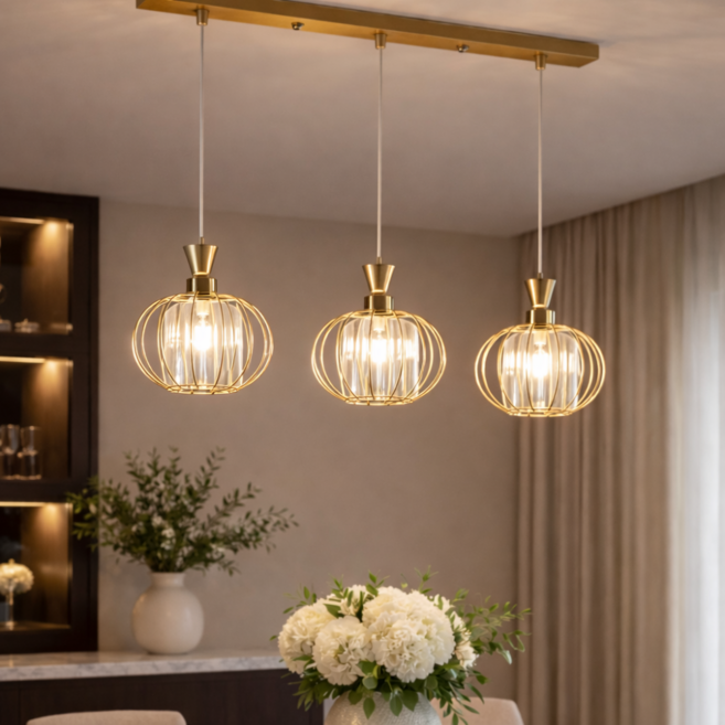 LED 식탁등 팬던트 4~6인 테이블 주방조명 빅뱅 소울글로우 3등 팬던트, 골드