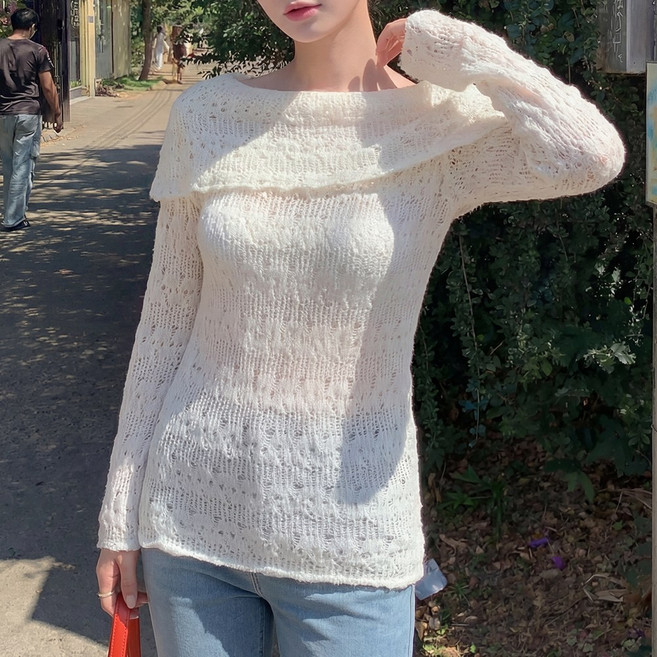 SOSISI 여성 여리핏 긴팔 니트 여름 울 혼방 오프숄더 20380