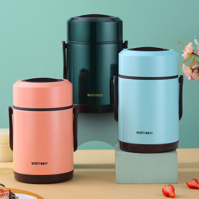 Worthbuy 일체형 보온 세트 보온도시락, 1.6L, 빨강