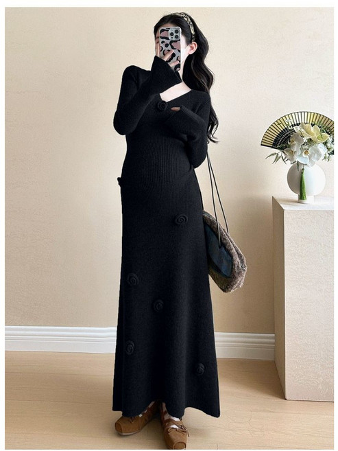 가을 겨울 임산부 니트 롱 원피스 여성용 고급스럽고 세련된 임산부 니트 프렌치 드레스 LT