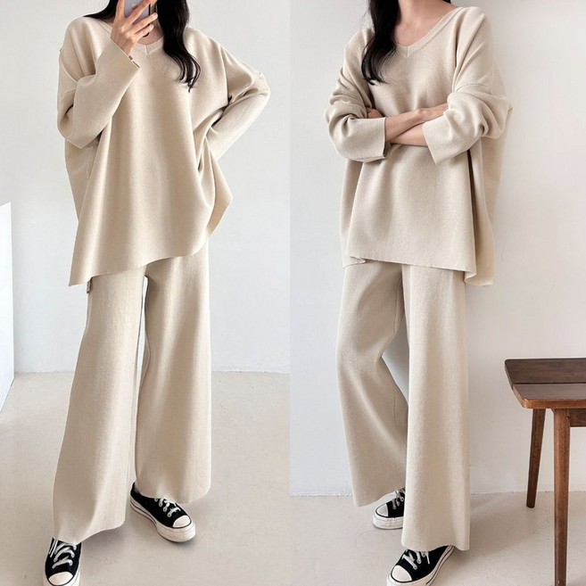 러브포텐 빅사이즈 여성 브이넥 니트 상하세트 봄 가을 오버핏 와이드팬츠 V넥 긴팔롱티 투피스세트 루즈핏 데일리 트레이닝복세트
