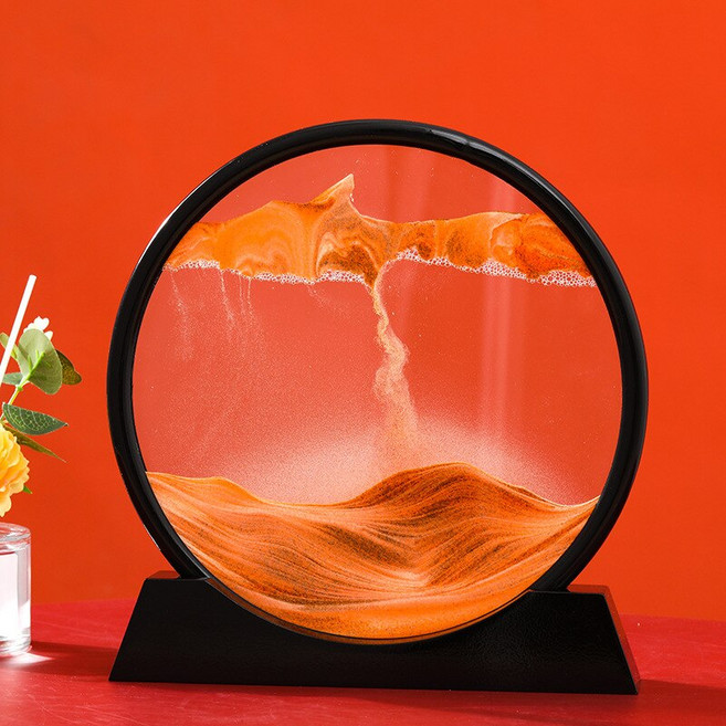 7/12inch Moving Sand Art Display Round Glass 3D Hourglass Deep Sea Sandscape In Motion Display Flowi, Yellow_12 inch