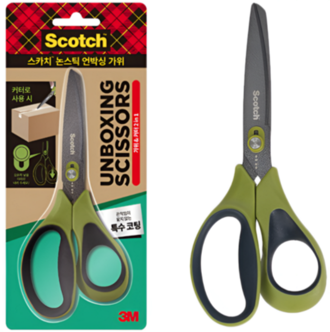 3M 스카치 논스틱 언박싱 티타늄가위 그린 1487-NS 택배 칼가위겸용, 4개