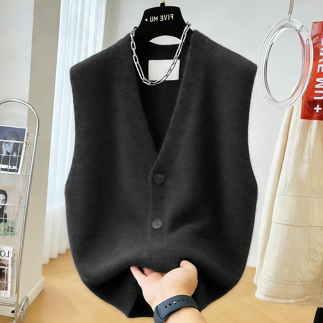 POMTOR 봄가을 여성 루즈핏 브이넥 단추 민소매 니트 조끼