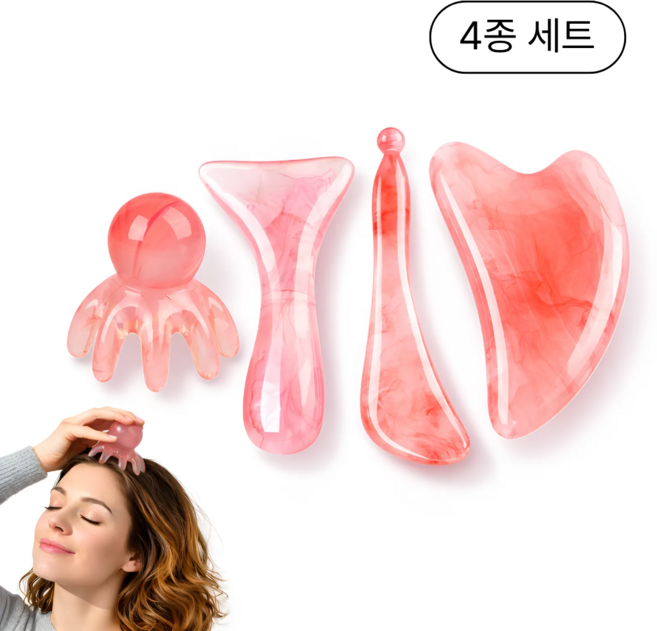 마더리빙 두피 얼굴 괄사 마사지기 4종 세트, 핑크, 1세트