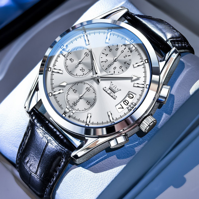 OLEVS 남자손목시계 정품 명품 석영 럭셔리 가죽시계줄 워터프루프 다기능 야광 메탈 남자시계