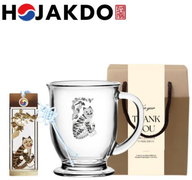 한국전통 에디션 까치와호랑이 호작도 책갈피 북마크 글라스 머그컵 440ml pre+7844ib