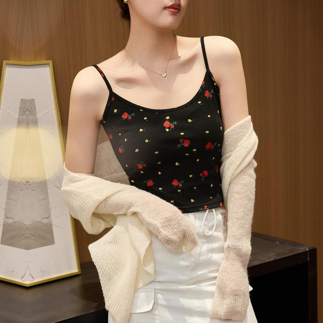 碎花蕾絲花邊V領吊帶連衣裙女夏新款長裙, 黑色（吊带背心）