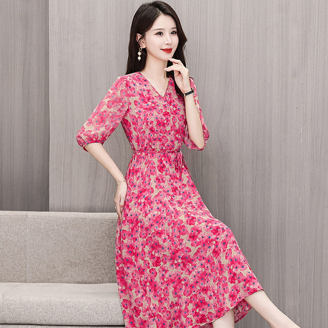 ROYALBELLE 여성 성인 플라워 프린트 브이넥 쉬폰 원피스 7부 소매 흔들리는 A라인 원피스 B0031006