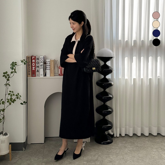 디테일웨어 여성 크림 단추 롱원피스 링클프리 무지 반팔 빅사이즈 임부복 구김없는 오버핏 홈웨어 시원한 배색 원피스