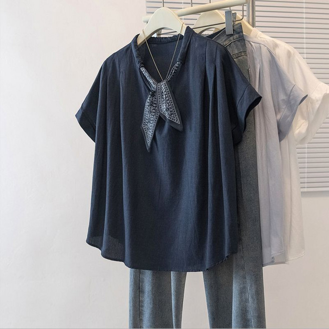 【遮肉顯瘦】拼接T恤 女T恤 短袖T恤 韓繫上衣 寬鬆T恤 大碼女裝 領帶拼接設計 冰絲棉面料 夏季百搭 通勤休閒兩穿