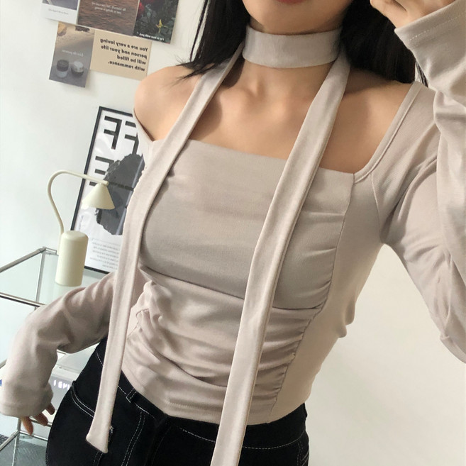 더한땀 글램 여성 슬림핏 셔링 오프숄더 초커 티셔츠