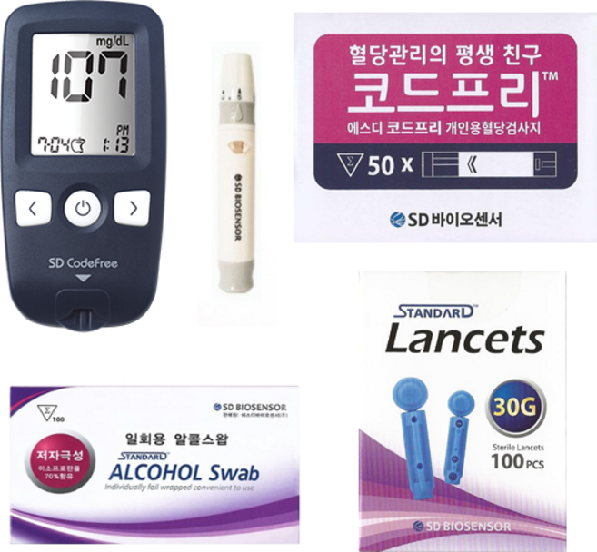 SD 코드프리 혈당측정기 풀세트 (기계+시험지50+정품채혈침110+정품알콜솜100+건전지+파우치+채혈기) SW, 1개