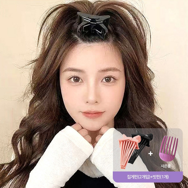 FANSYLI 1+1 볼륨업 휴대용 초강력 헤어 앞머리 뿌리 고정 볼륨 집게핀 정수리 헤어핀 볼륨핀처 2602JLL489, 1세트, 블랙+핑크[2P]+빗핀[1개]