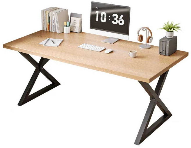 實木質感電腦桌 X型桌腳, 原木色