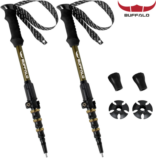 버팔로 써밋엑스 P&P 원터치 등산스틱 2개세트 5단 지팡이 트레킹폴 국내생산, 카키, 1세트