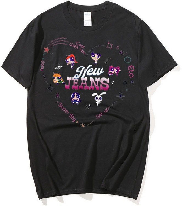 NewJeans Get Up 短袖T恤 純棉卡通印花, 1個, B款黑M 建議85-105斤