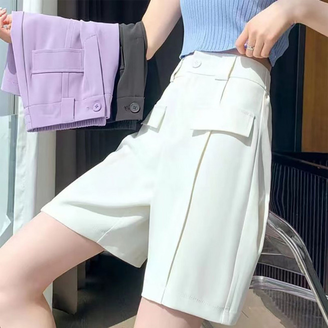 ROYALBELLE 여성 하이웨스트 포켓 A라인 정장 5부 바지 패션 와이드 반바지 E01031025