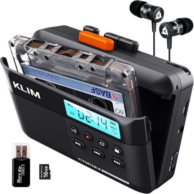 KLIM K7 카세트 테이프 플레이어 - 카세트에서 MP3로 변환기 휴대용 내장 마이크 및 스피커 충전식 배터리 이어폰 16GB SD 카드 블랙-오렌지 호환, KLIM K7 카세트 테이프 플레이어 - 카세트에서 M