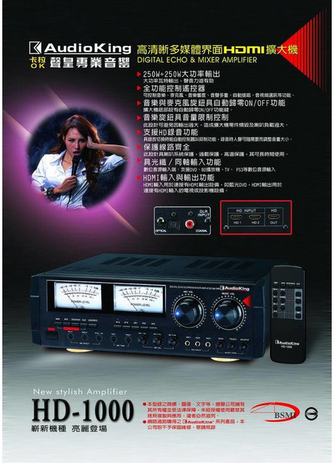 AudioKing HD-1000 高傳真音響 250W 專業綜合擴大機 HDMI輸入 光纖同軸 卡拉OK 會議