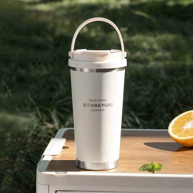 호밍사이 보온병 더블 빨대 텀블러 휴대용 커피컵 더블 보온병 보냉병 컬링 캠핑 청량음료컵 빨대컵, 1개, 560ml, 손잡이형-아이보리