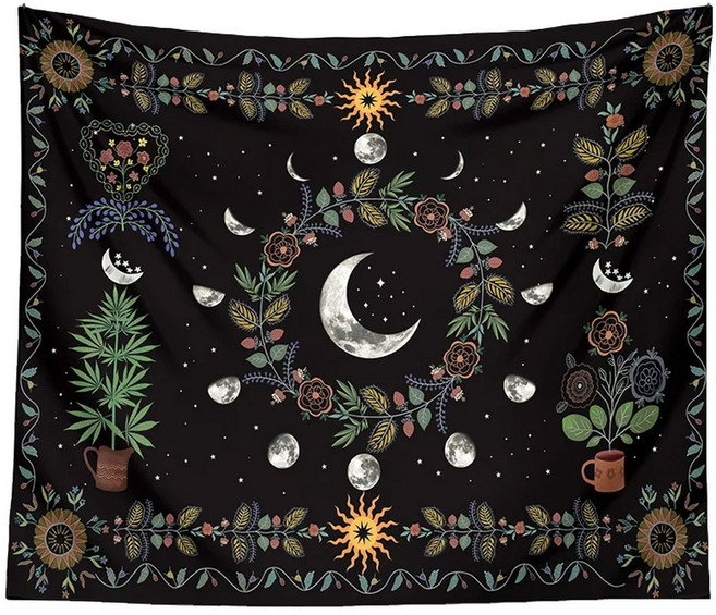 달 위상 꽃 태 트리 벽걸이 천상의 태양 별이 빛나는 검은 색 보헤미아 만다라 벽 카펫 기숙사 집 장식, 2