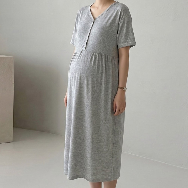[당일출고] 수엠W 임산부 홈웨어 수유가능 브이넥 반팔 버튼 롱원피스 P21 반팔맘수유원피스