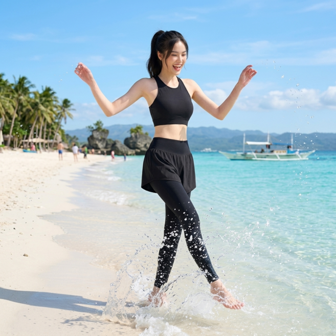 [2종 세트] 마리벨 여성 여름 워터레깅스 자외선 UV차단 9부 요가 필라테스 래쉬가드 하의 반바지 워터 팬츠 아쿠아 치마 긴바지 레깅스 일체형