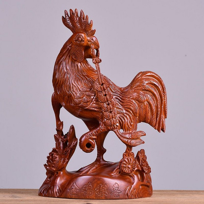 木雕雞擺件 黃花梨實木工藝品, 花梨金雞報喜高為35cm