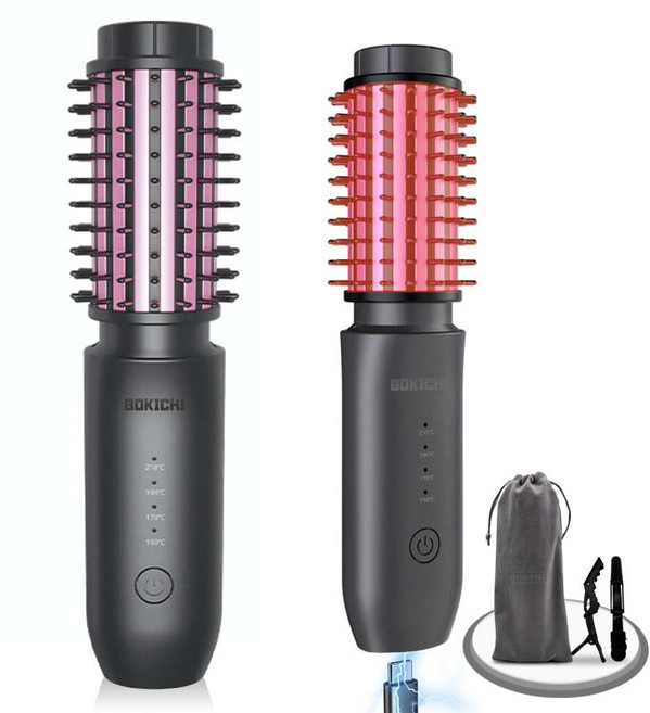 BOKICHI 모발손상 없는 휴대용 음이온 뿌리볼륨 무선 고데기 +집게핀 2개 파우치 1개 증정, 라이트블랙