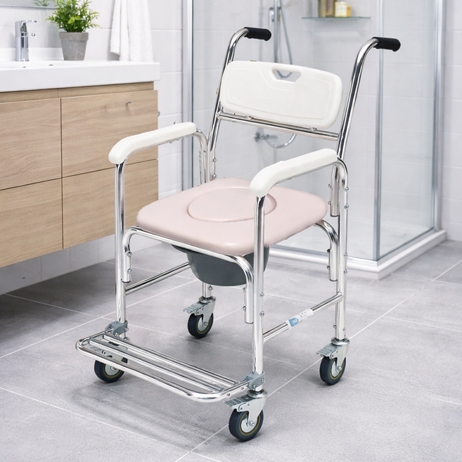 한스전자 어르신 환자용 노인 목욕의자 샴푸의자 높이조절 바퀴의자 휠체어, 1개
