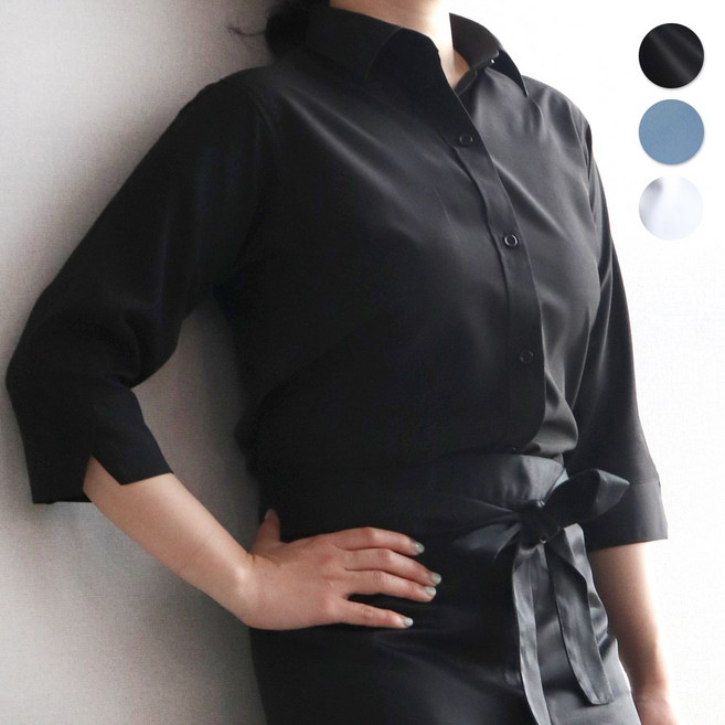 7부 여성 셔츠 블라우스 스판 쉬폰 블랙 화이트 블루 빅사이즈 매장 식당 카페 유니폼 단체 문구 자수