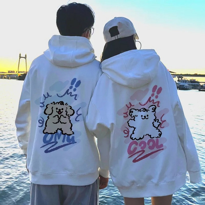 1+1 남녀 오버핏 기모후드티 캐릭터 강아지 커플맨투맨