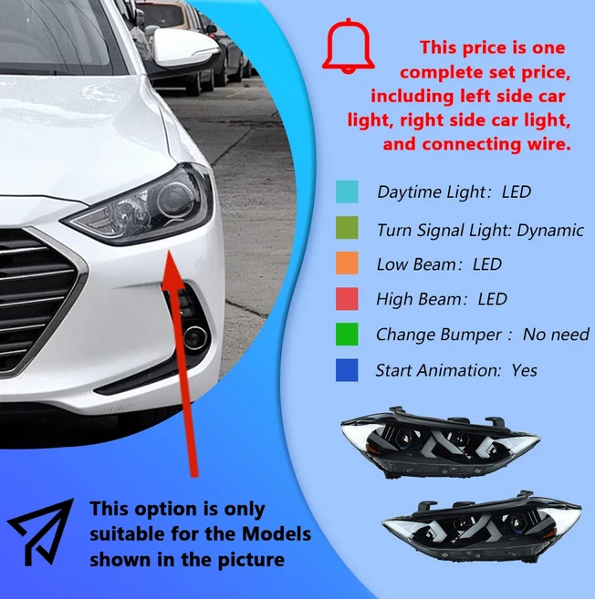 현대 엘란트라 2016-2020 LED 자동차 헤드라이트 어셈블리 100W 신형 프로젝터 렌즈 업그레이드 (람보르기, 02 For 16-18