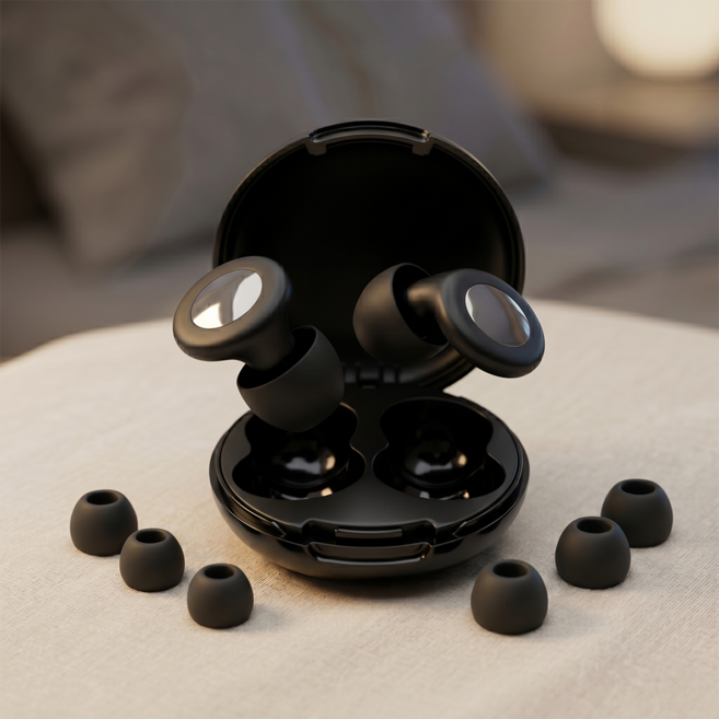 SilentPods 꿀잠 수면용 소음 차단 이어플러그 코골이 층간소음 방음 고급형 귀마개 (케이스+이어팁 세트), 1세트, 블랙