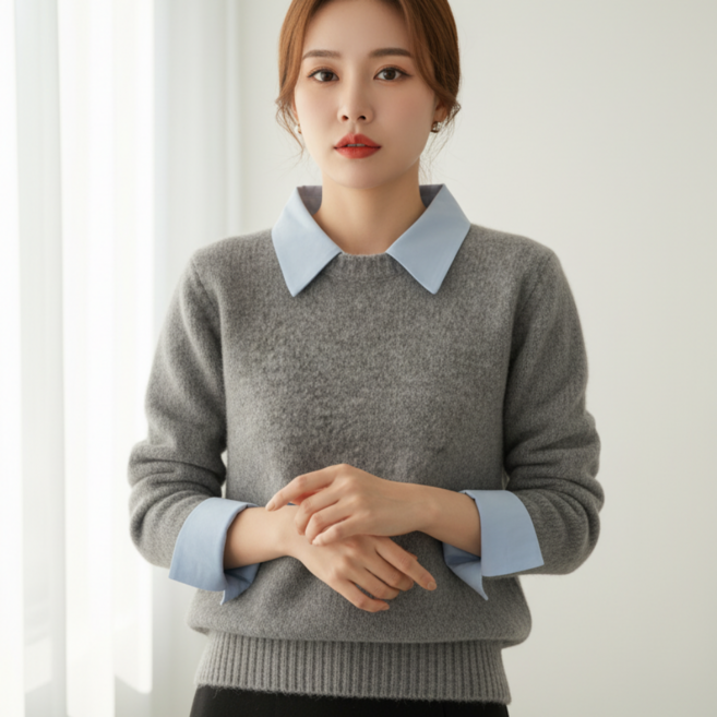 누보마켓 여성 셔츠카라 니트 긴팔 레이어드 오피스룩 가을 겨울 데일리