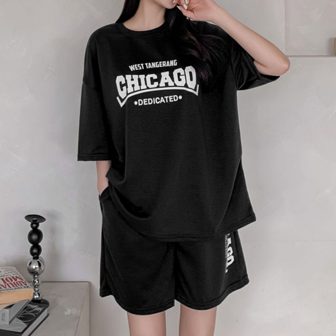 마이쏭 여성 여름상하세트 빅사이즈 케이티드레터링반바지세트